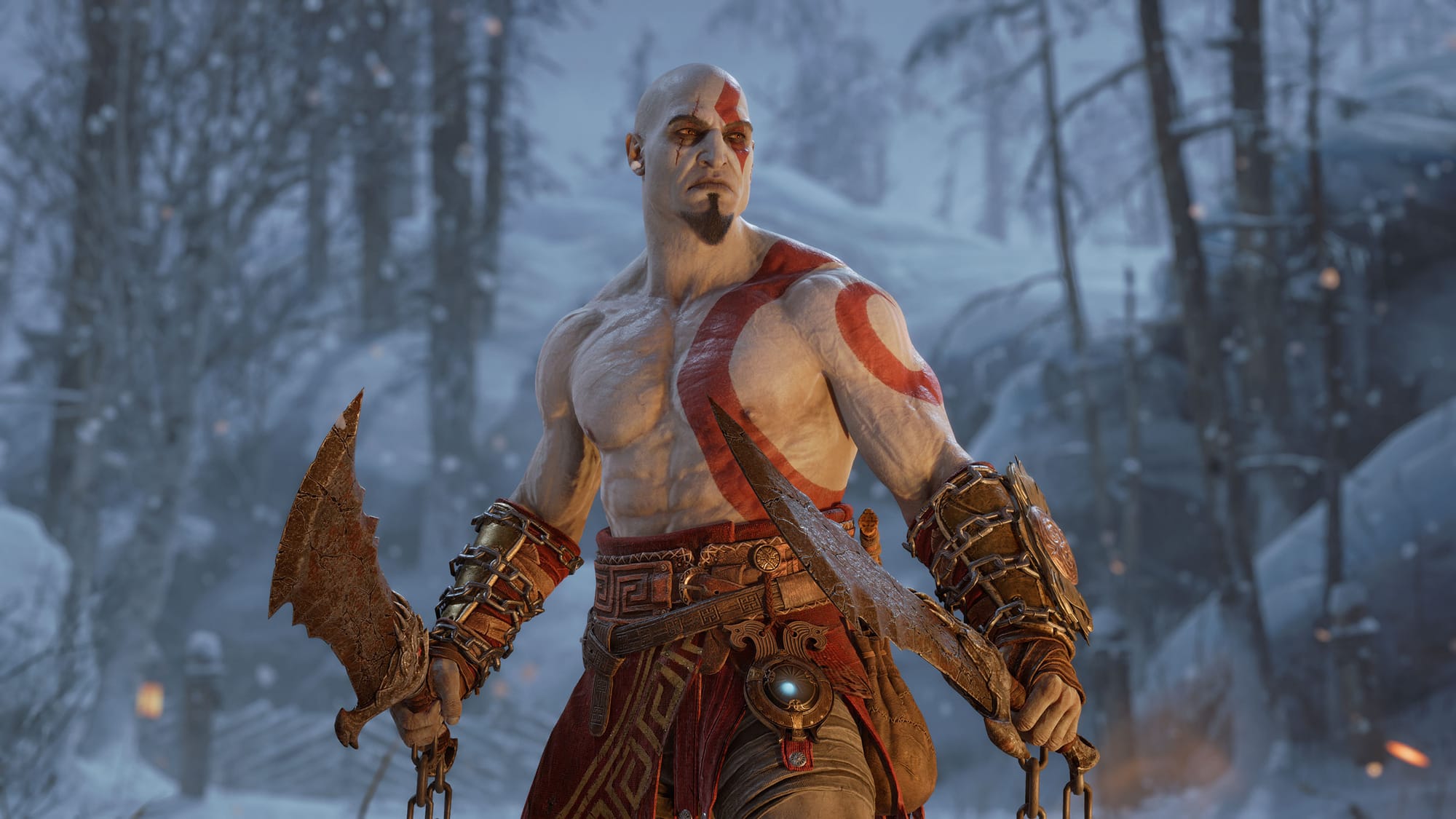 God of War: Ragnarok screen showing Kratos, a shirtless pasty white dude with red racing stripes