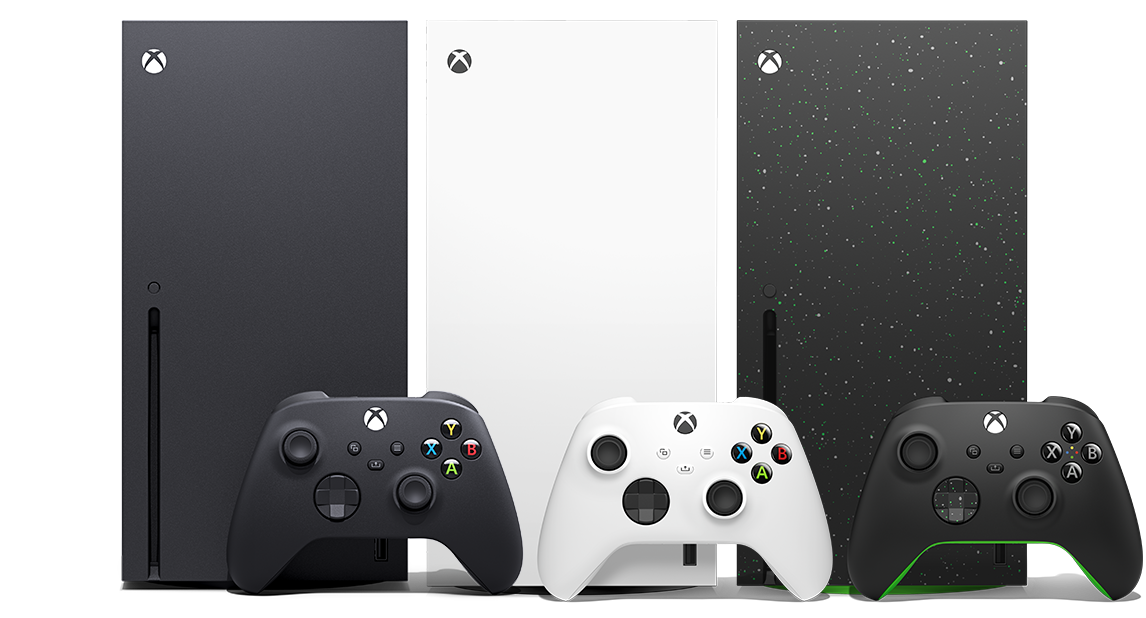 Product shot of three Xbox Series X consoles, from left: Black with disc drive, white all-digital version, and "Galaxy Black" system with white and green stars on the exterior