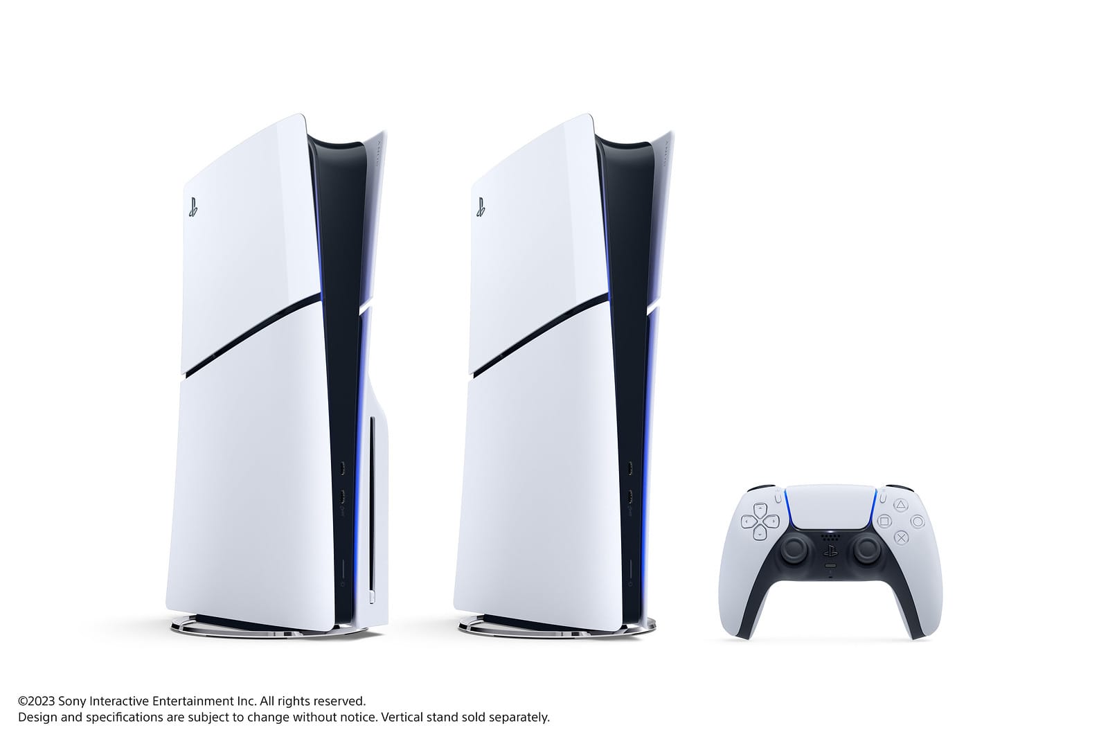 Product short of a pair of 2023 redesigned PS5 consoles, one with a disc drive, and a DualSense controller