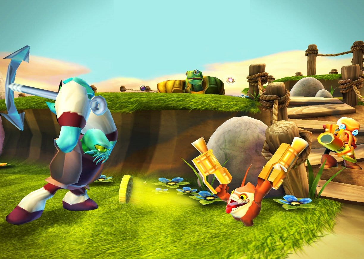 Screenshot of a a Skylanders character swinging a pickaxe while another character with golden guns shoots a coin at it