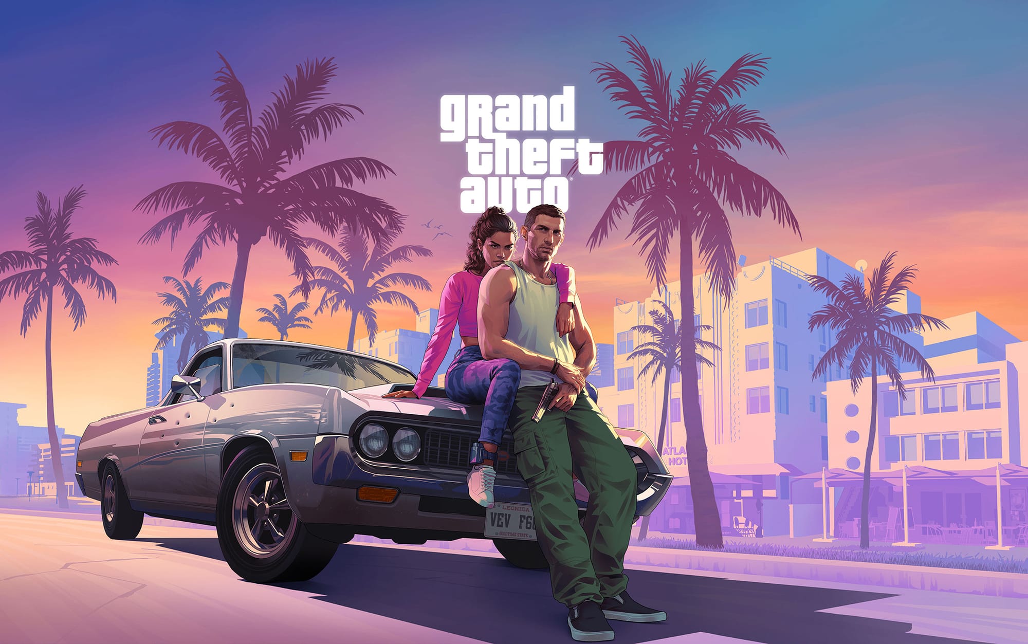 GTA 6 key art showing a man and a woman sitting on the hood of a car against a city backdrop with palm trees