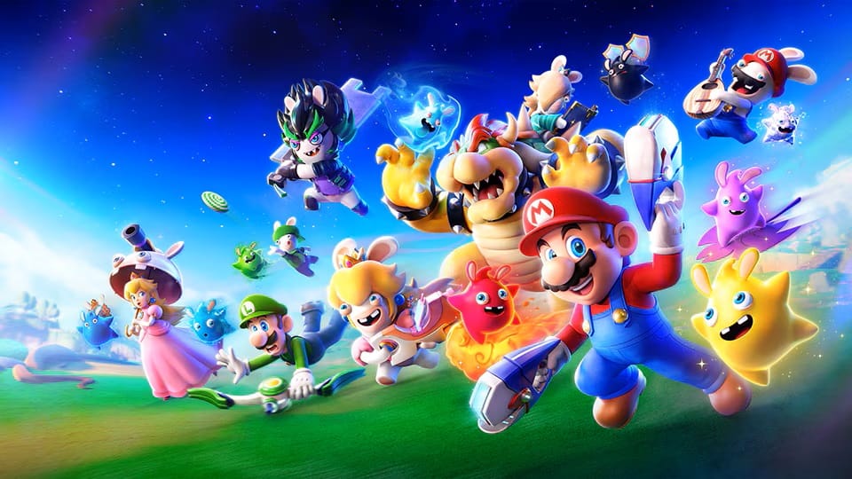 Promo art for Mario + Rabbids: Sparks of Hope showing the entire cast running across a field.