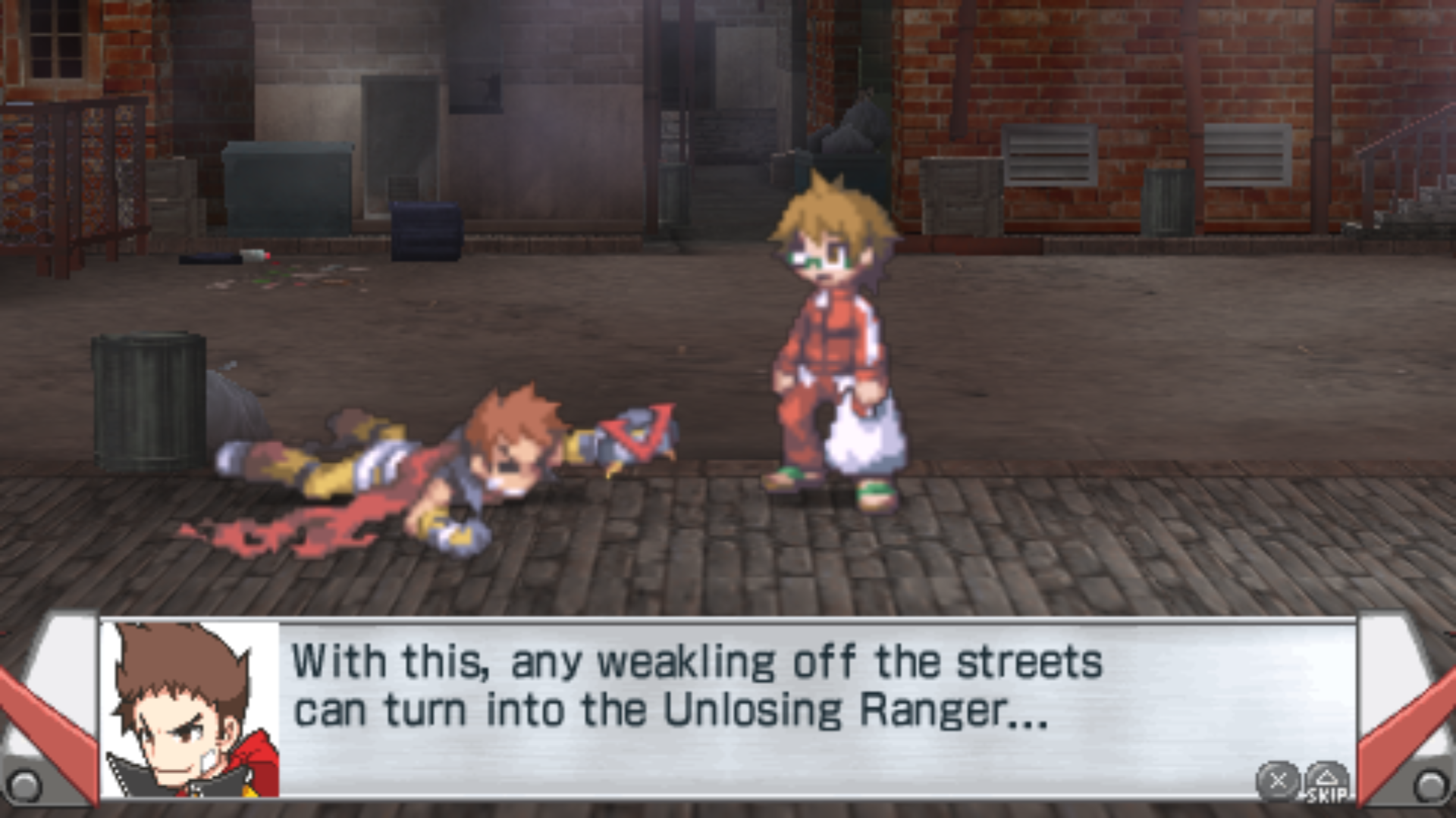 A dying man on the streets offers a belt to a kid in a red track suit and flip-flops, saying "With this, any weakling off the streets can turn into the Unlosing Ranger..."