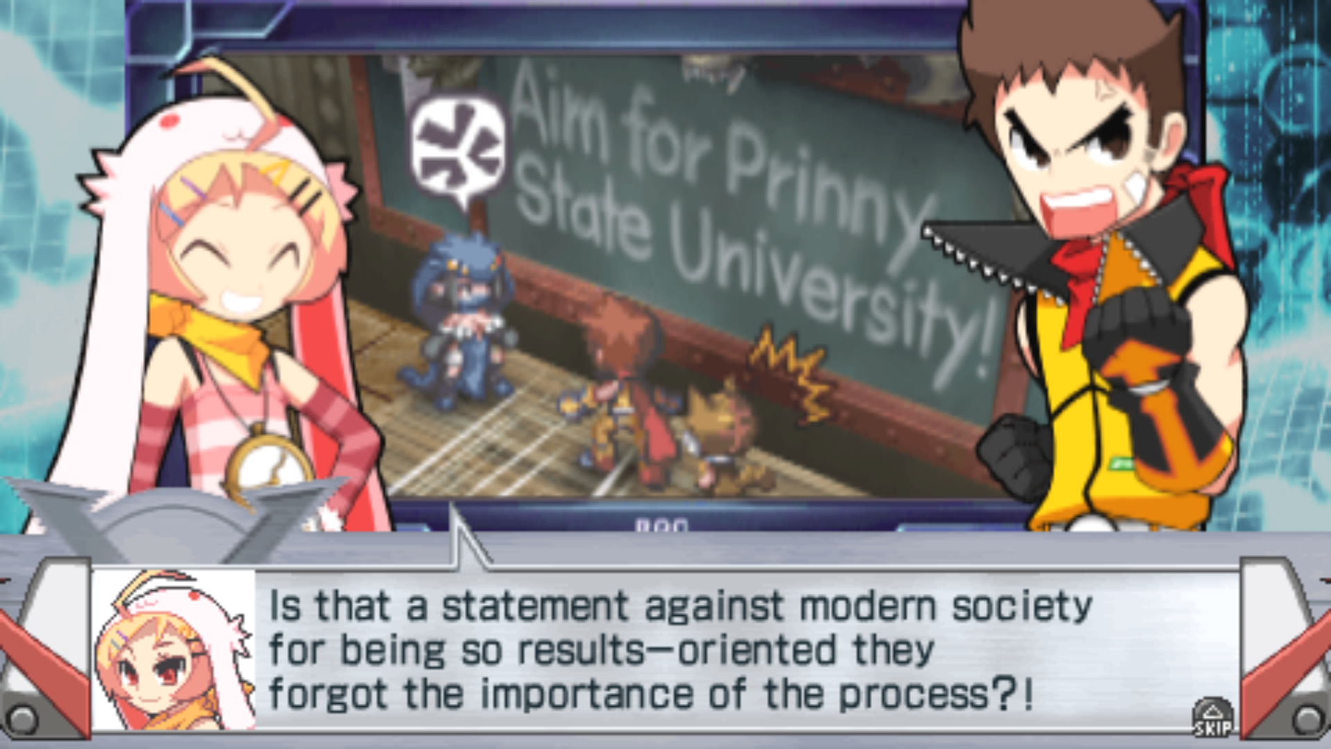 In a ZHP screenshot, a girl responds to a hero's passionate speech saying, "Is that a statement against modern society for being so results-oriented they forgot the importance of the process?"