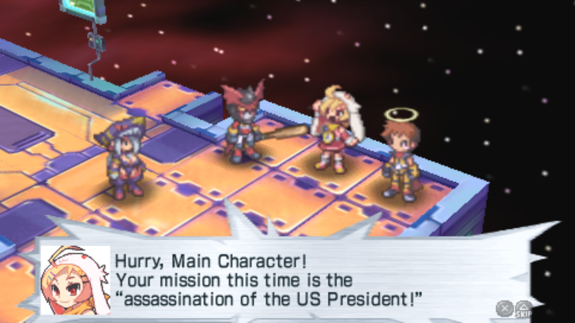 Etranger saying, "Hurry, Main Character! Your mission this time is the assassination of the US President!"