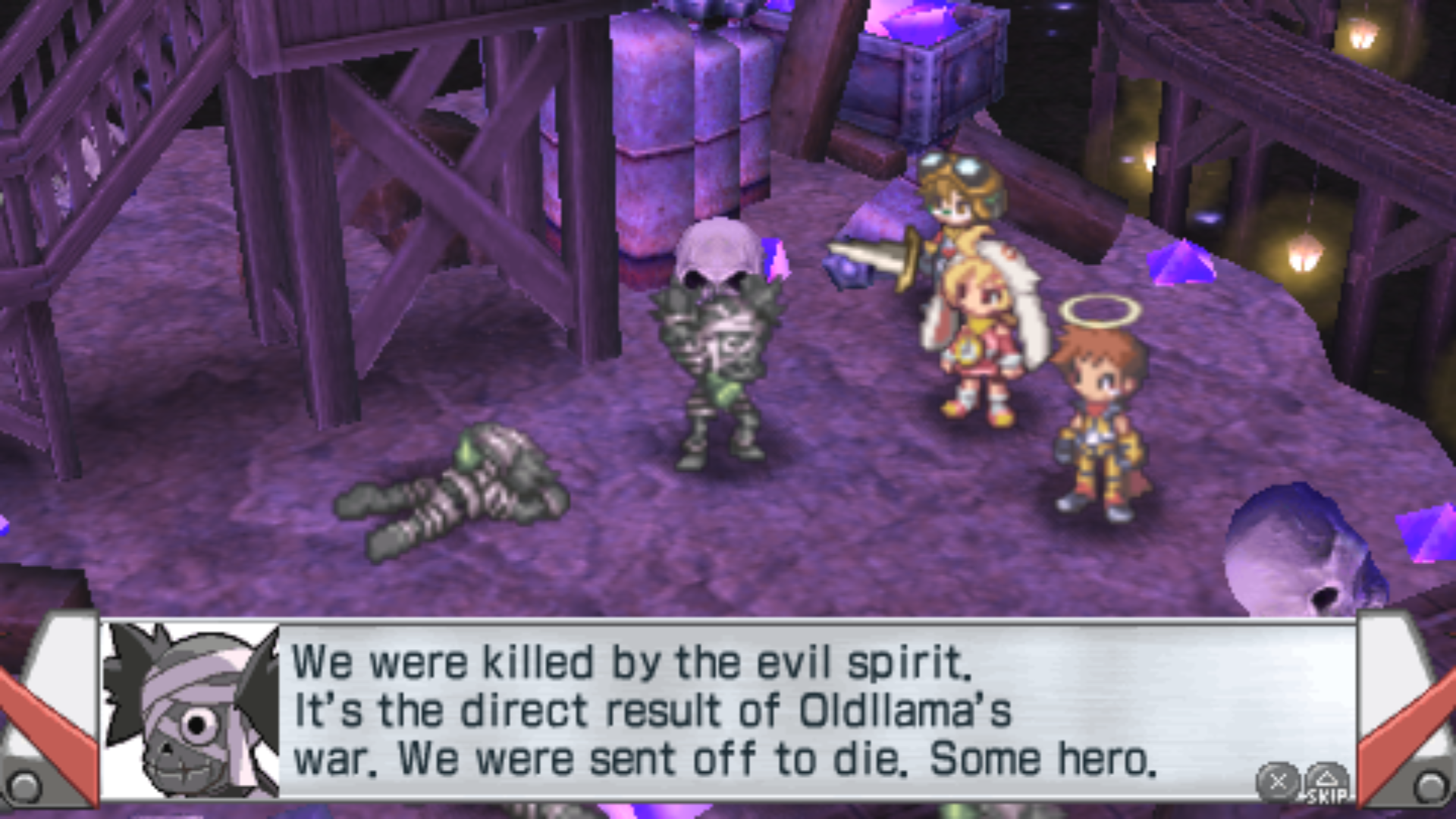 A corpse tells the heroes, "We were killed by the evil spirit. It's the direct result of Oldllama's war. We were sent off to die. Some hero."