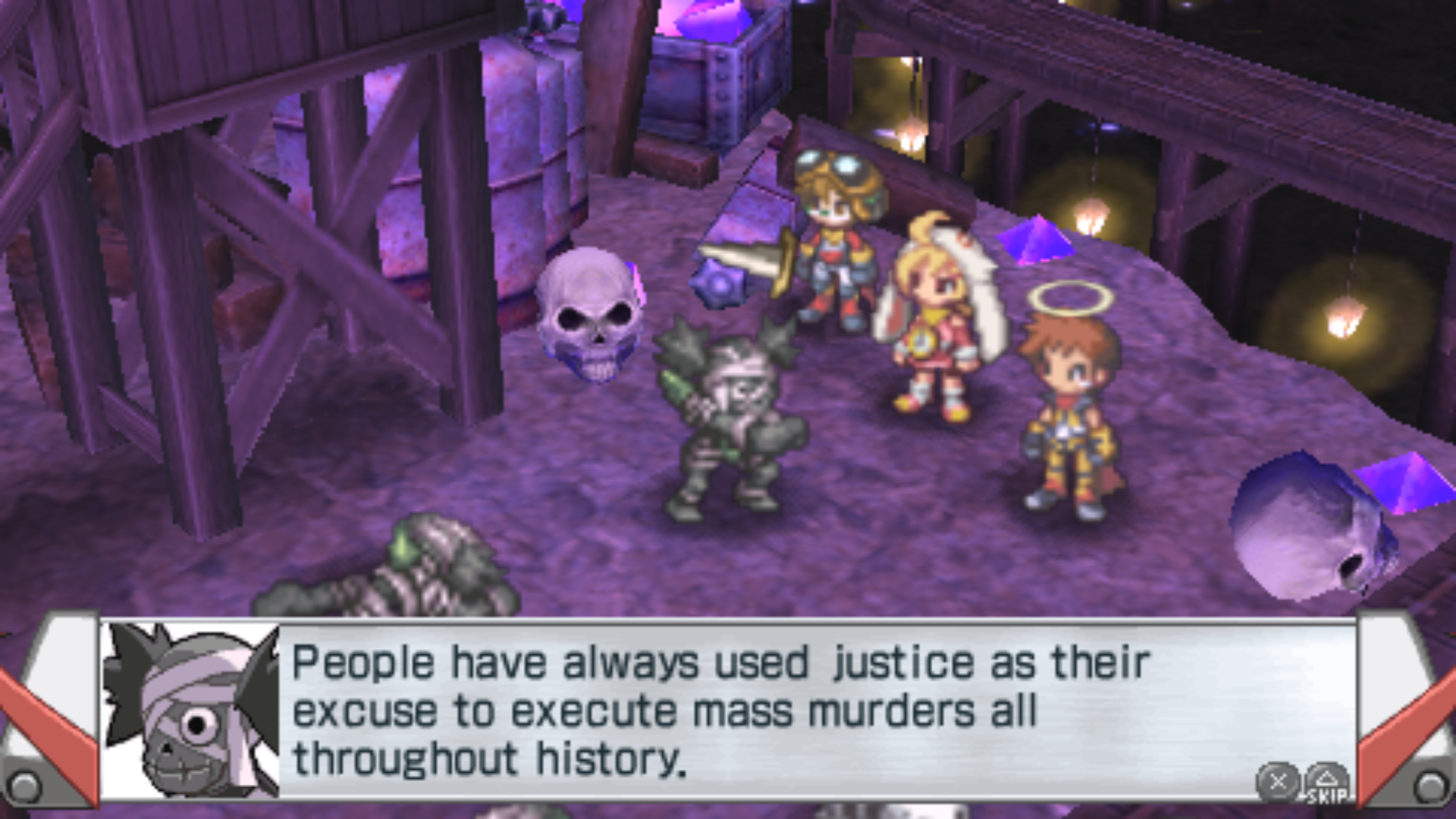 The corpse continues, "People have always used justice as their excuse to execute mass murders all throughout history."