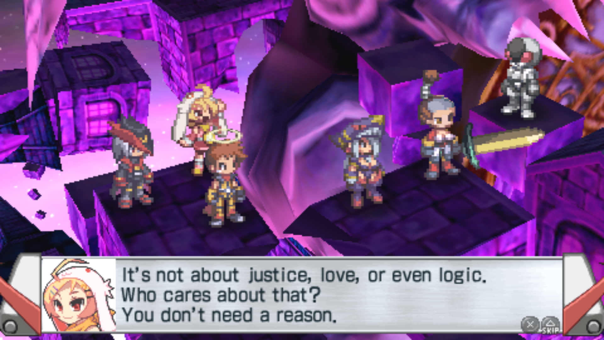 Etranger saying, "It's not about justice, love, or even logic. Who cares about that? You don't need a reason."