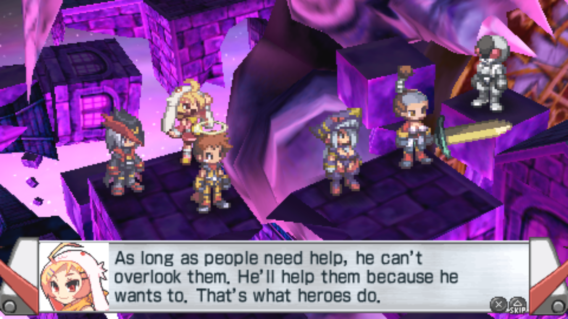 Etranger saying, "As long as people need help, he can't overlook them. He'll help them because he wants to. That's what heroes do."