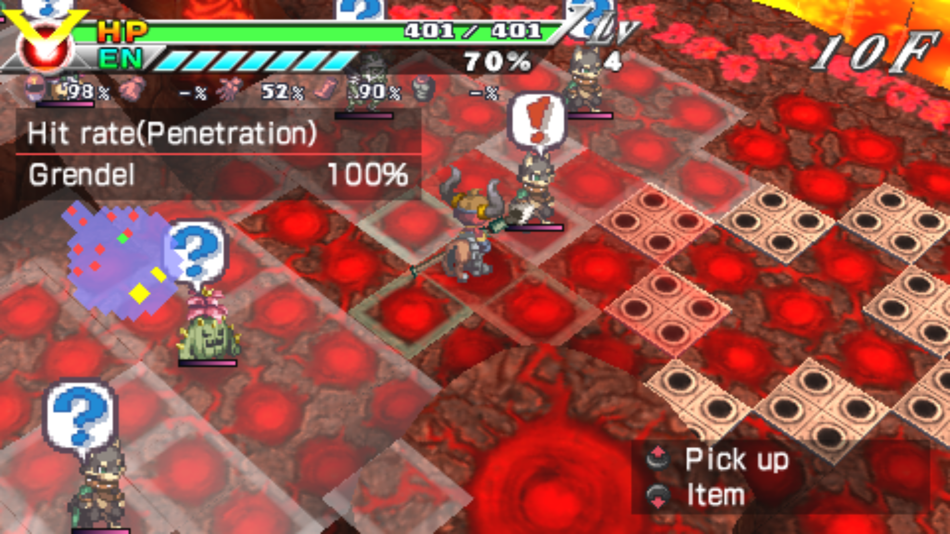 ZHP screen showing a dungeon floor with spike traps and a handful of foes on an isometric grid layout