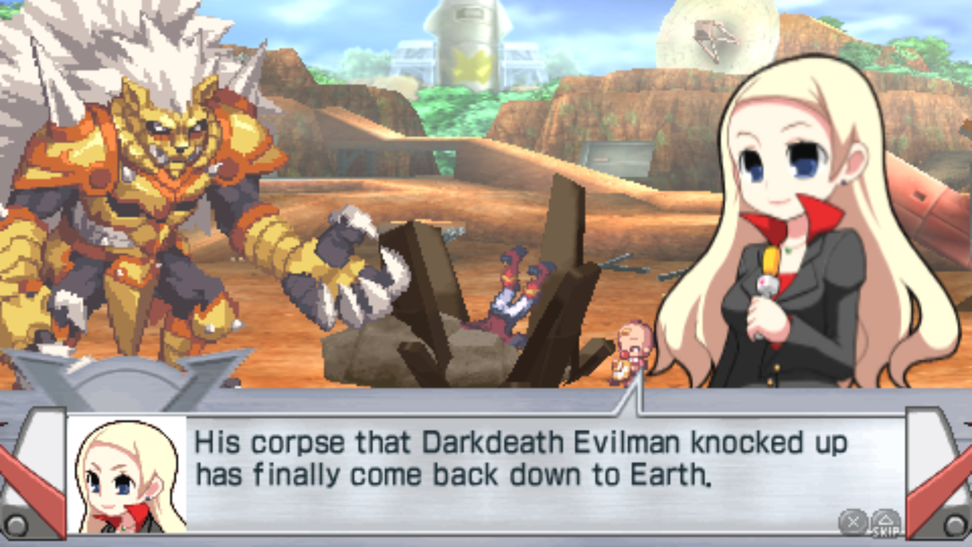 A smiling reporter talks about the Unlosing Ranger's reappearance: "His corpse that Darkdeath Evilman knocked up has finally come back down to Earth."