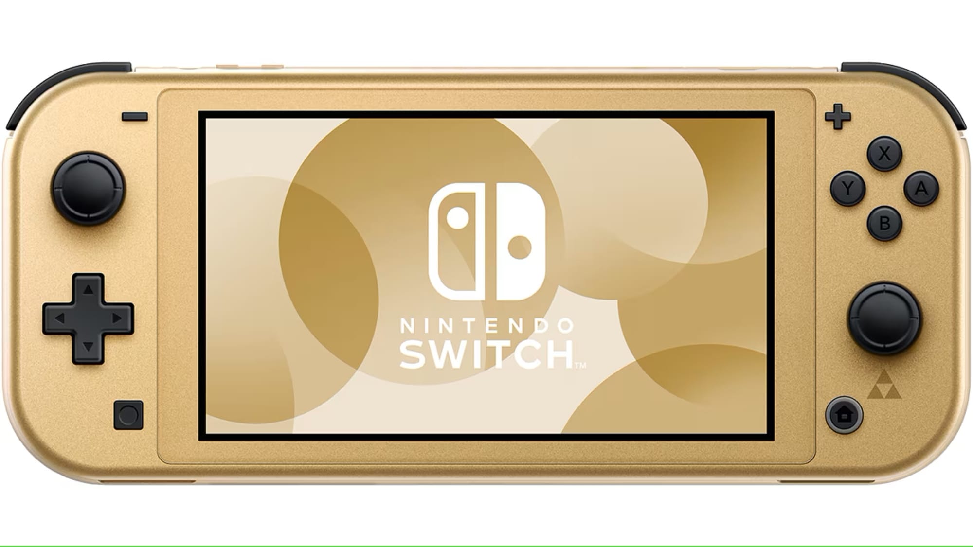 Image of gold-colored Nintendo Switch Lite: Hyrule Edition with small Tri-Force logo on right Joy-Con