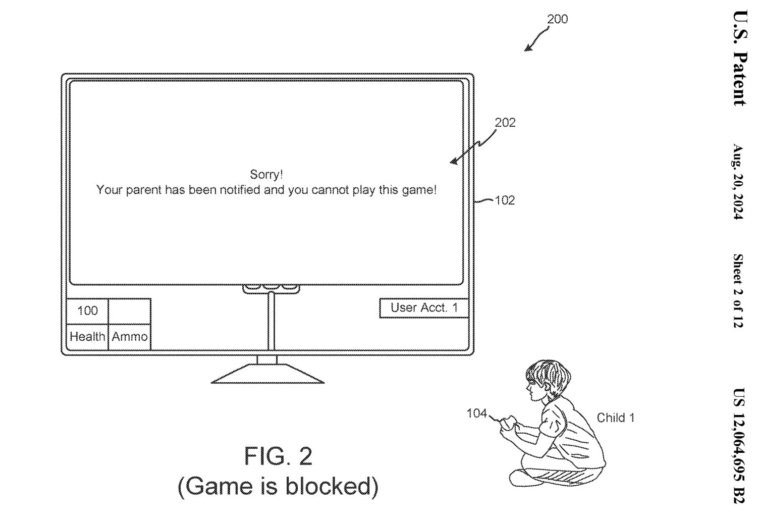 Patent art showing "Child 1" sitting in front of a TV that says "Sorry! Your parent has been notified and you cannot play this game!"