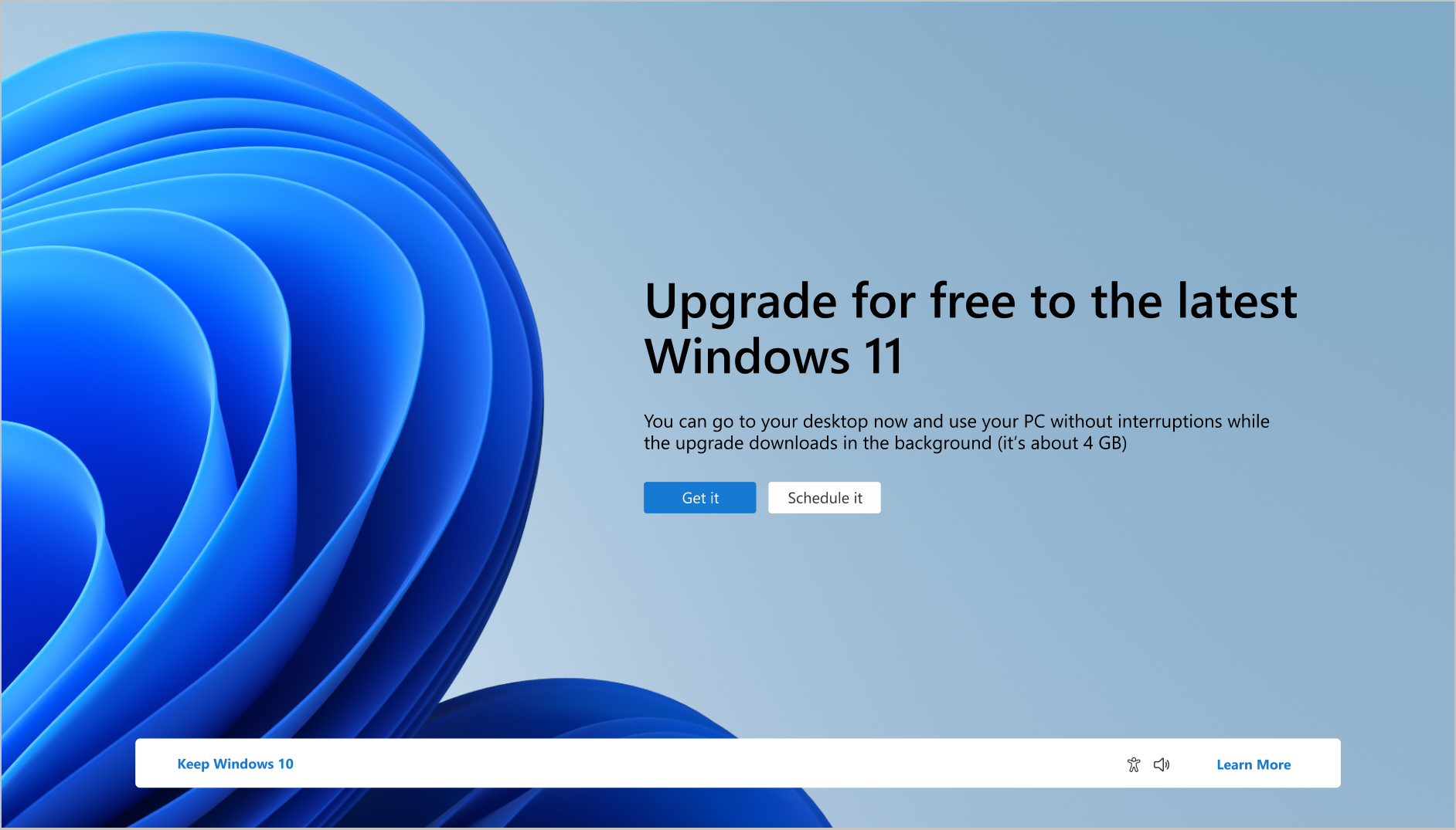 Windows 10 "Upgrade for free to the latest Windows 11" screen with prominent "Get it" and "Schedule it" buttons. A small "Keep Windows 10" button hides in the bottom corner.