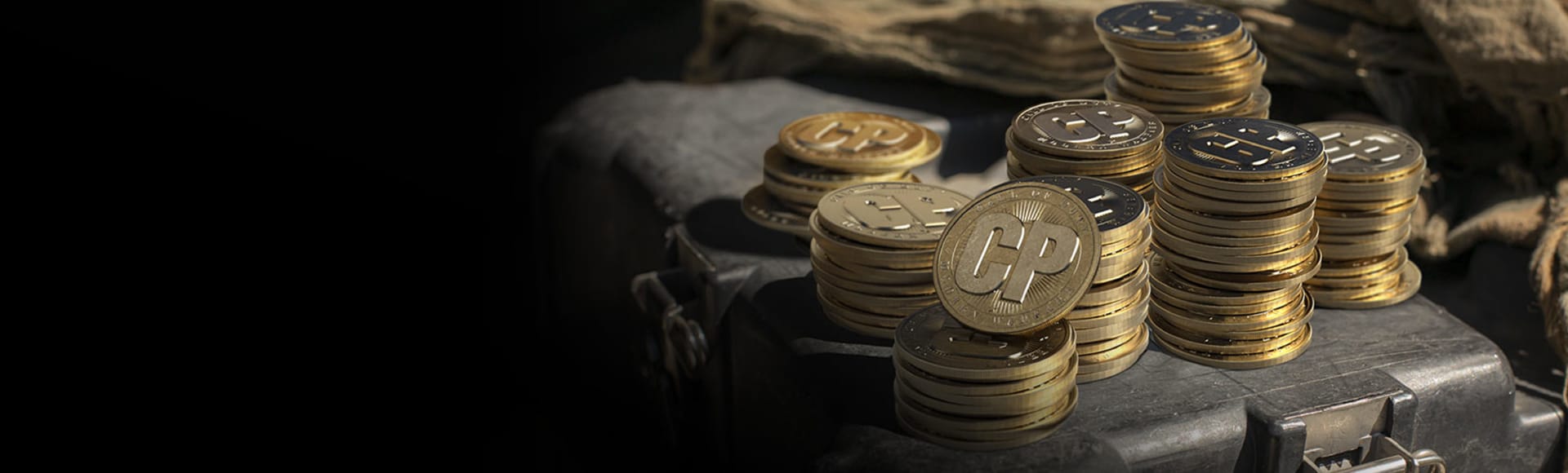 3D rendering of Call of Duty Points gold coins stacked on a case in-game