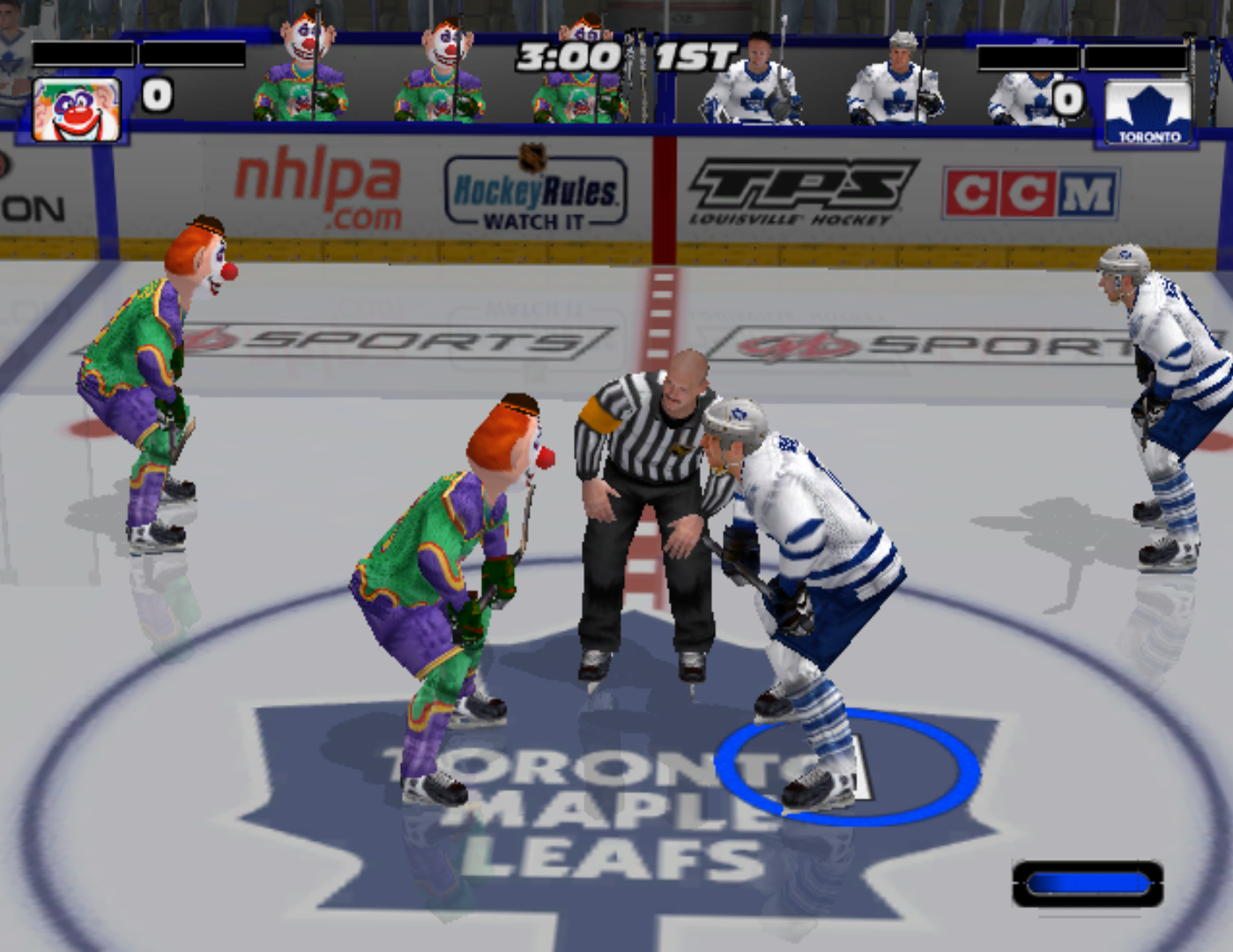 NHL Hitz 20-03 screen of the Toronto Maple Leafs on home ice facing off against a team of literal clowns