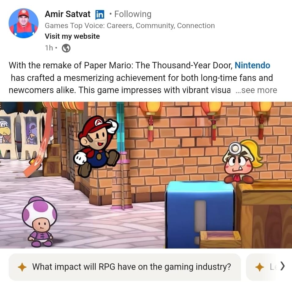 Image of a LinkedIn user post about Paper Mario: The Thousand Year Door. At the bottom of the post are AI-generated questions the user can click on, including, "What impact will RPG have on the gaming industry?"