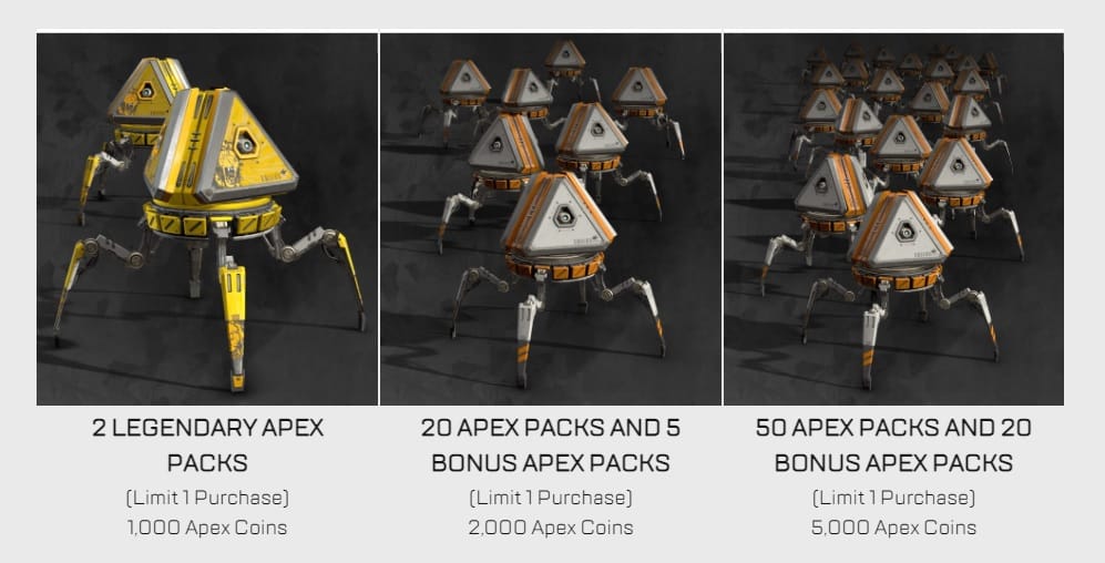 Three Apex Legends loot box ads offering the creepy spider-legged Apex Packs in groups of 2, 25, or (for the truly hopeless gambler) 70.