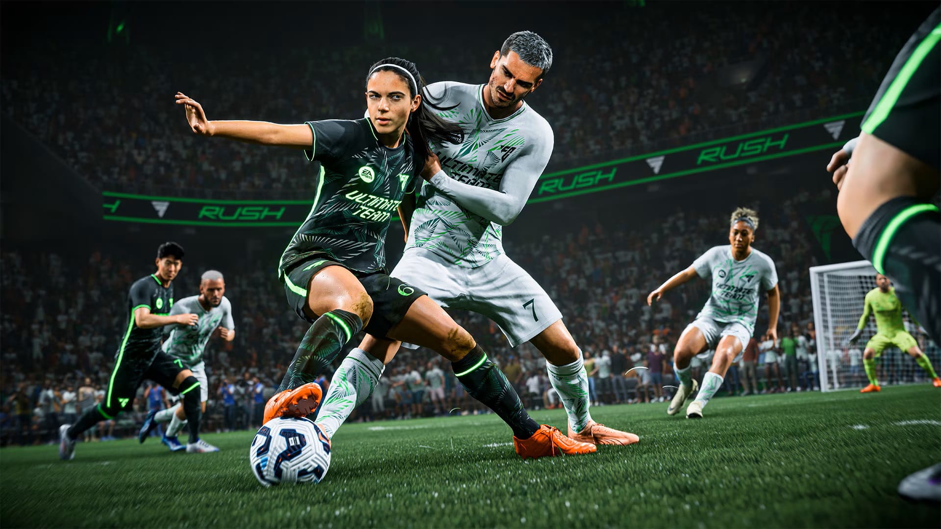 EA FC 25 screenshot showing a woman in an Ultimate Team jersey with the ball holding off a man trying to defend her.