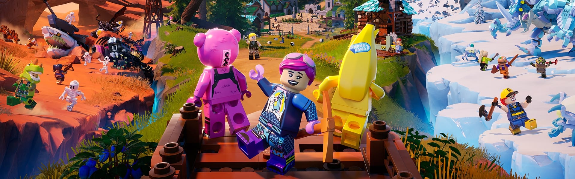 Promo image for Lego Fortnite showing a bunch of minifigs running around in Fortnite levels