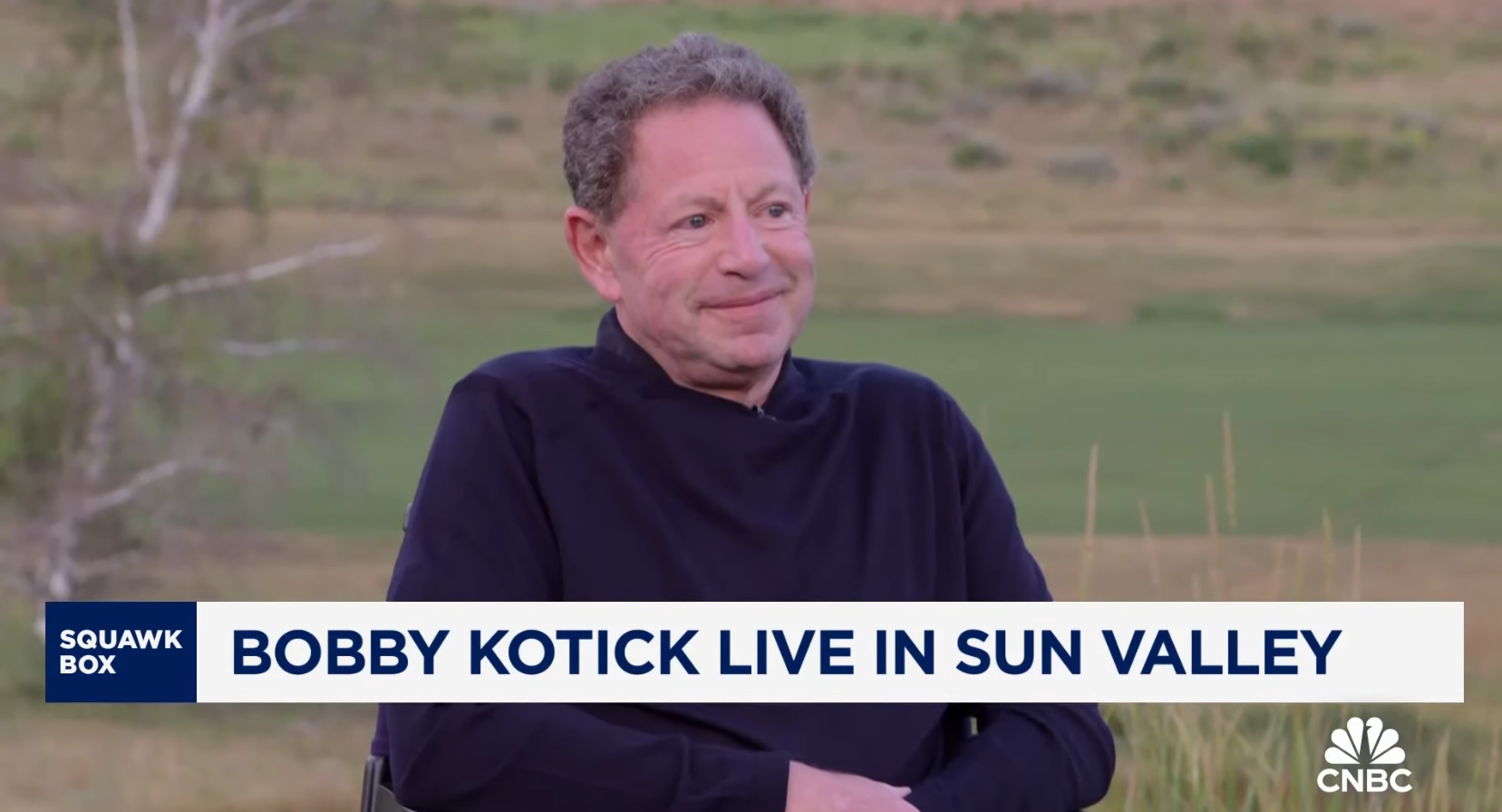 Image of Bobby Kotick appearing on CNBC Squawk Box with the chyron "Bobby Kotick Live in Sun Valley"