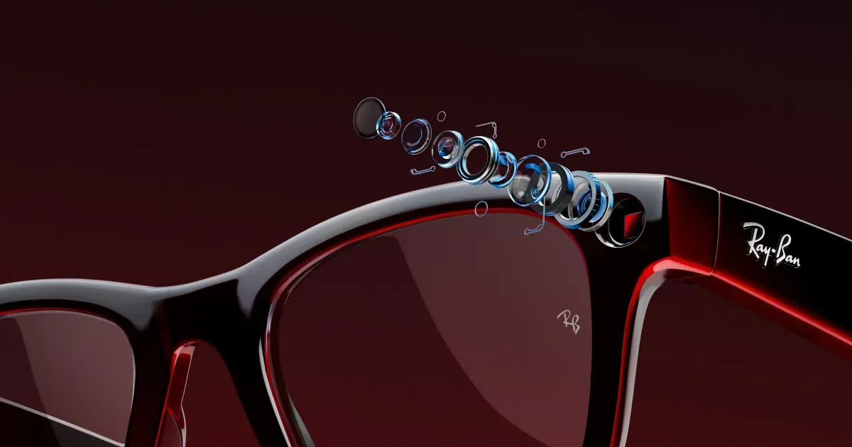 Image of Ray-Ban Meta Smart Glasses with an exploded view of the tiny camera in the front corner of the frames