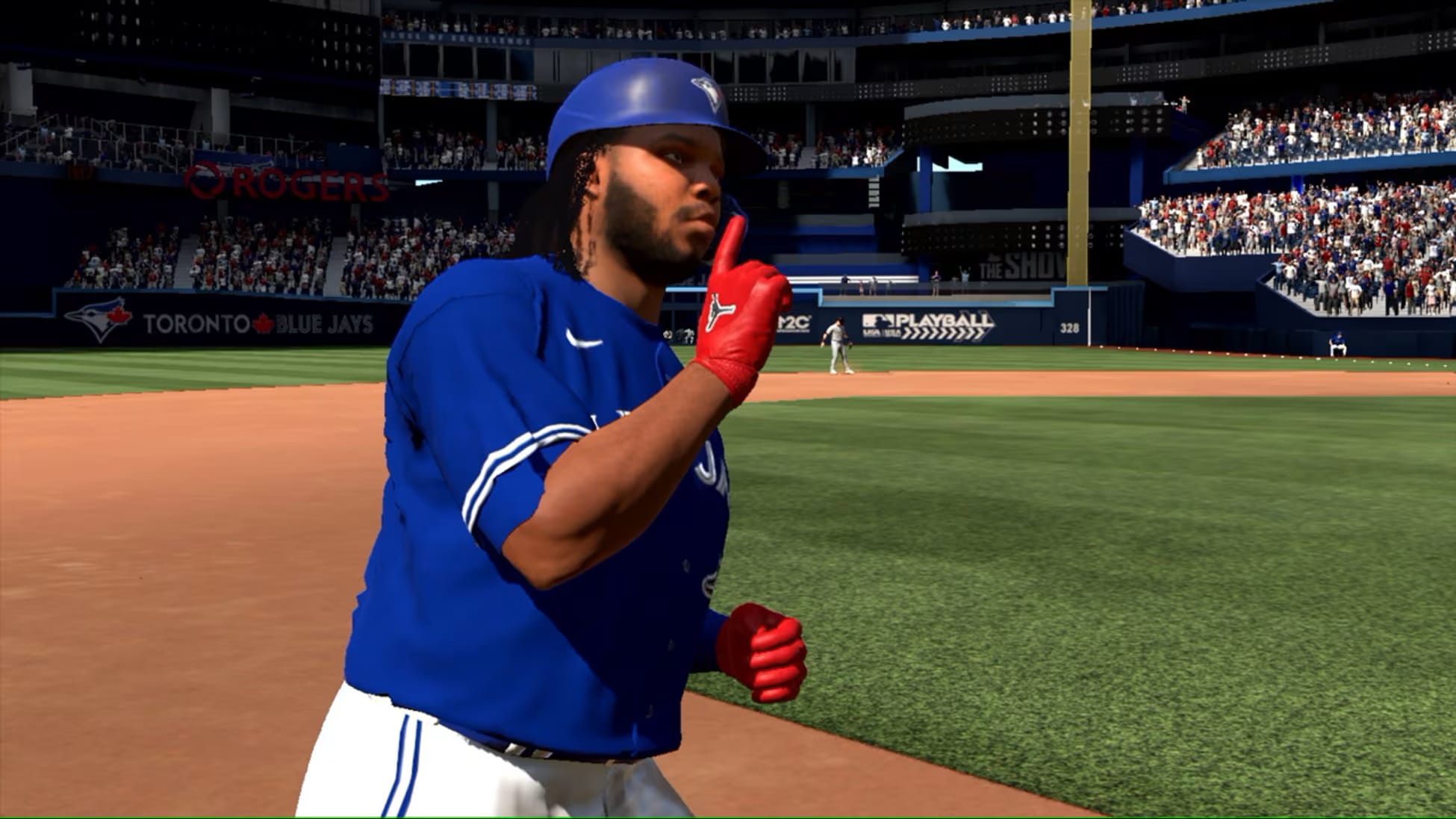 MLB: The Show on Switch screen showing a Blue Jays player running the bases holding a finger up to his mouth.