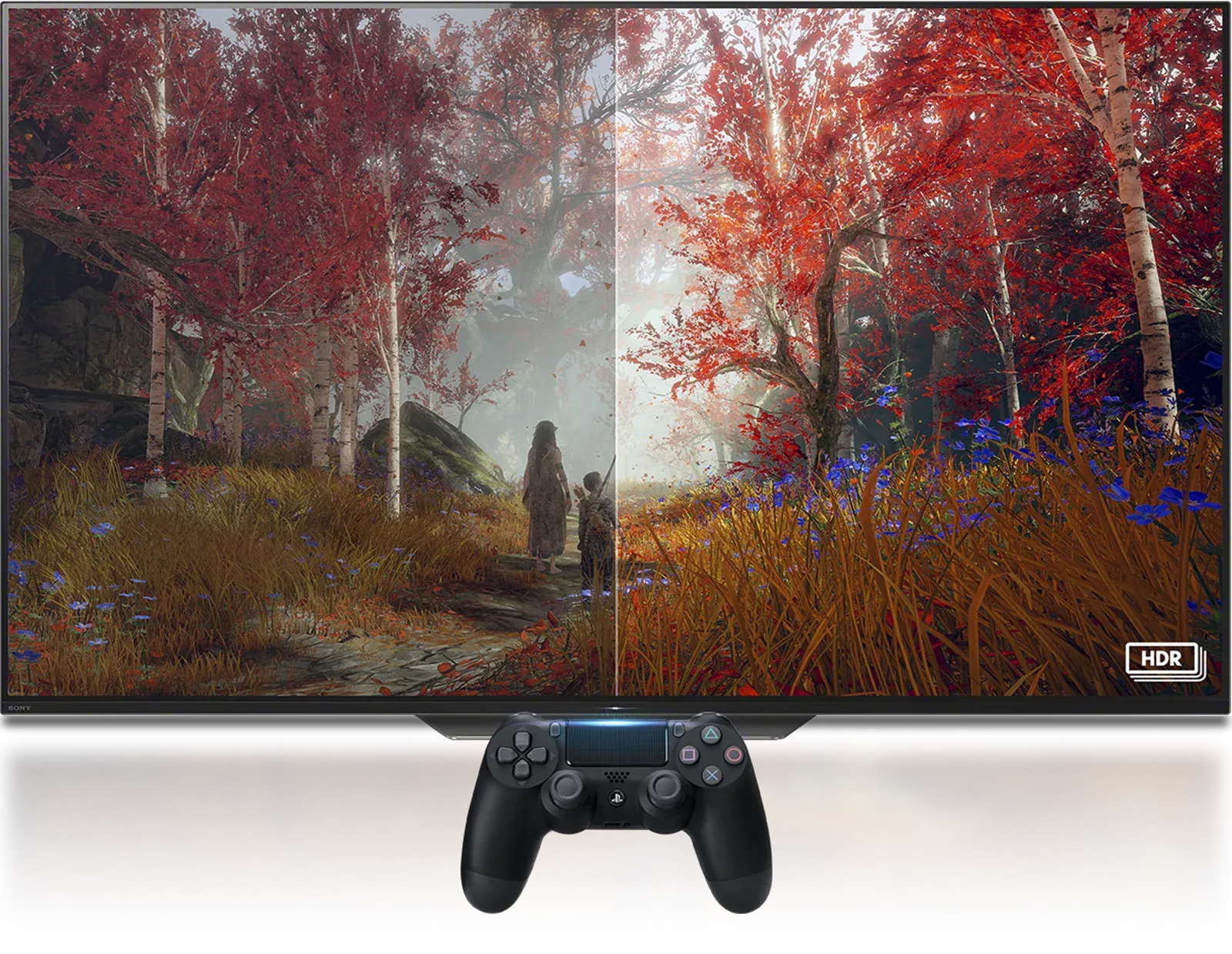 PS4 Pro marketing image showing God of War. The HDR side is brighter, but the left side still looks very pretty