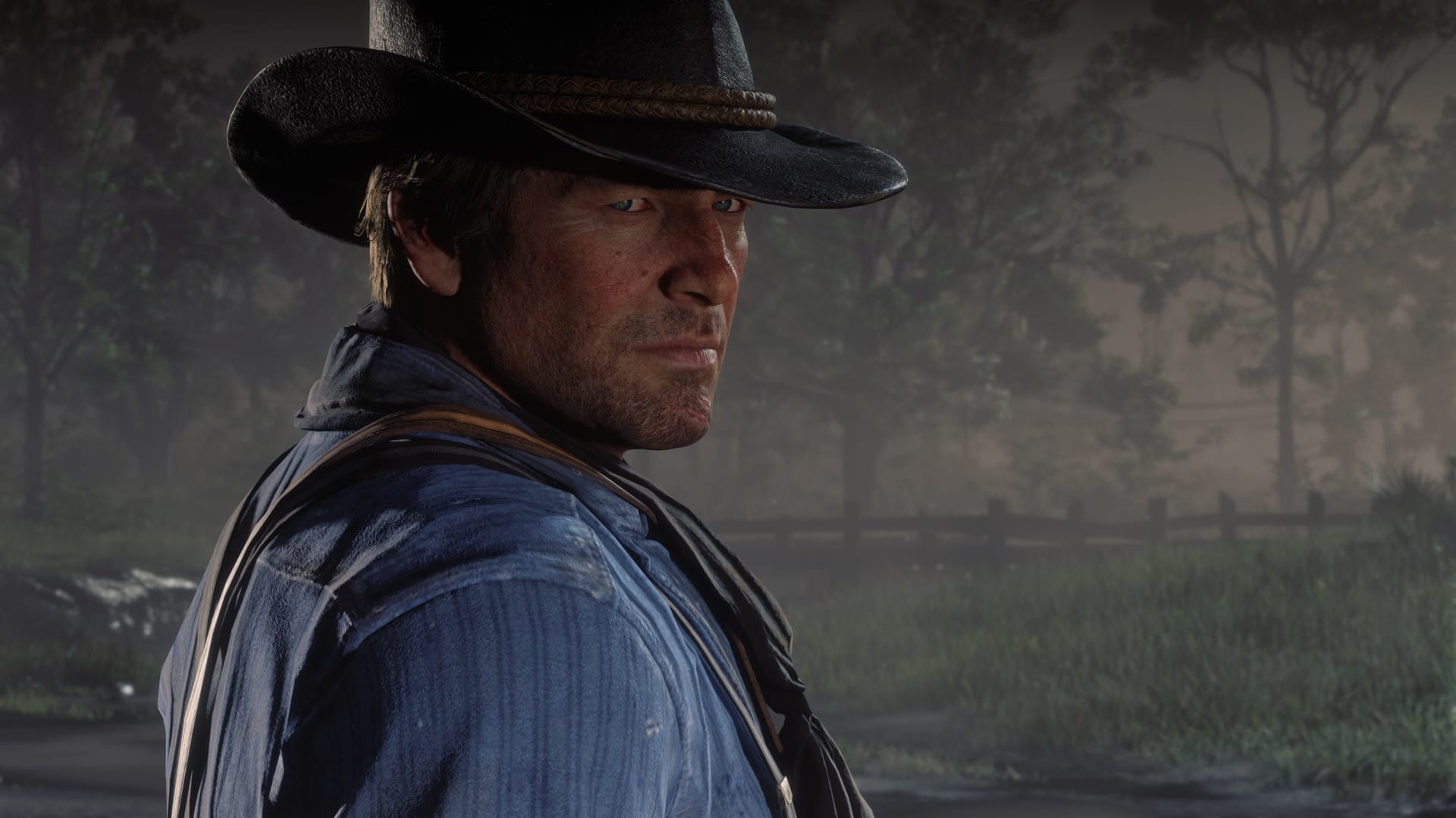 Screenshot of Red Dead Redemption 2 showing a rugged cowboy looking over his shoulder into the camera