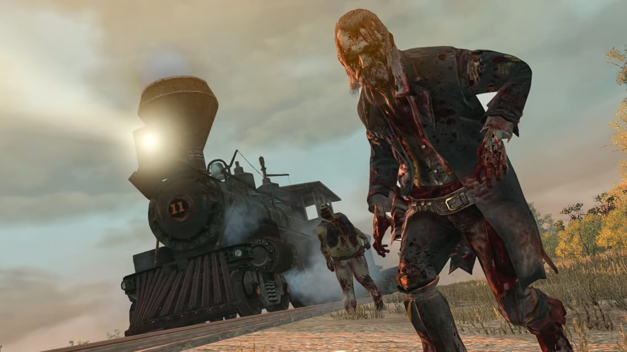 Red Dead Redemption screenshot showing zombies shambling in front of a steam locomotive.