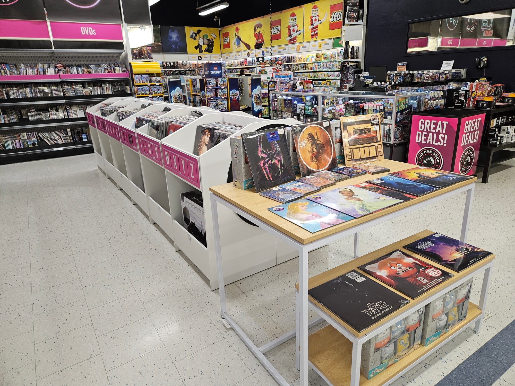 An HMV Shop pop-up store-within-a-store in the middle of a Toronto Toys R Us location.