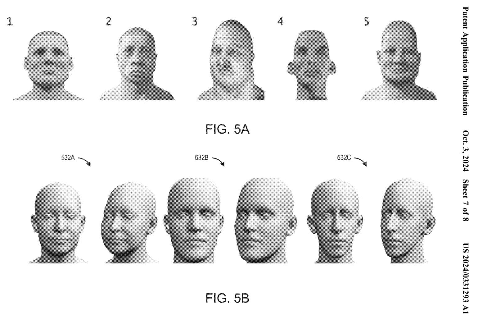 Two patent art images: FIG. 5A, showing five different fully textured 3D heads with weird proportions, and FIG 5B, with front- and three-quarters views of three different untextured 3D models. The first head has a wider, protruding jaw and mouth while the third head is taller and more narrow