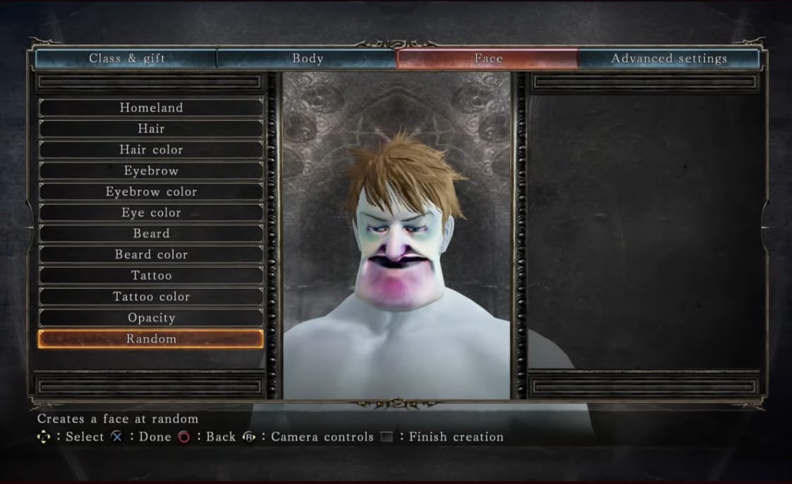 Dark Souls 2 character customization screen showing a close-up of a blue-skinned man with a massive purple chin, pointy sausage nose, wide black mouth, and painfully pinched eyes with classic villain eyebrows. Also a "normal" Final Fantasy-styled heartthrob spiky haircut, because the hair wasn't part of the randomization.