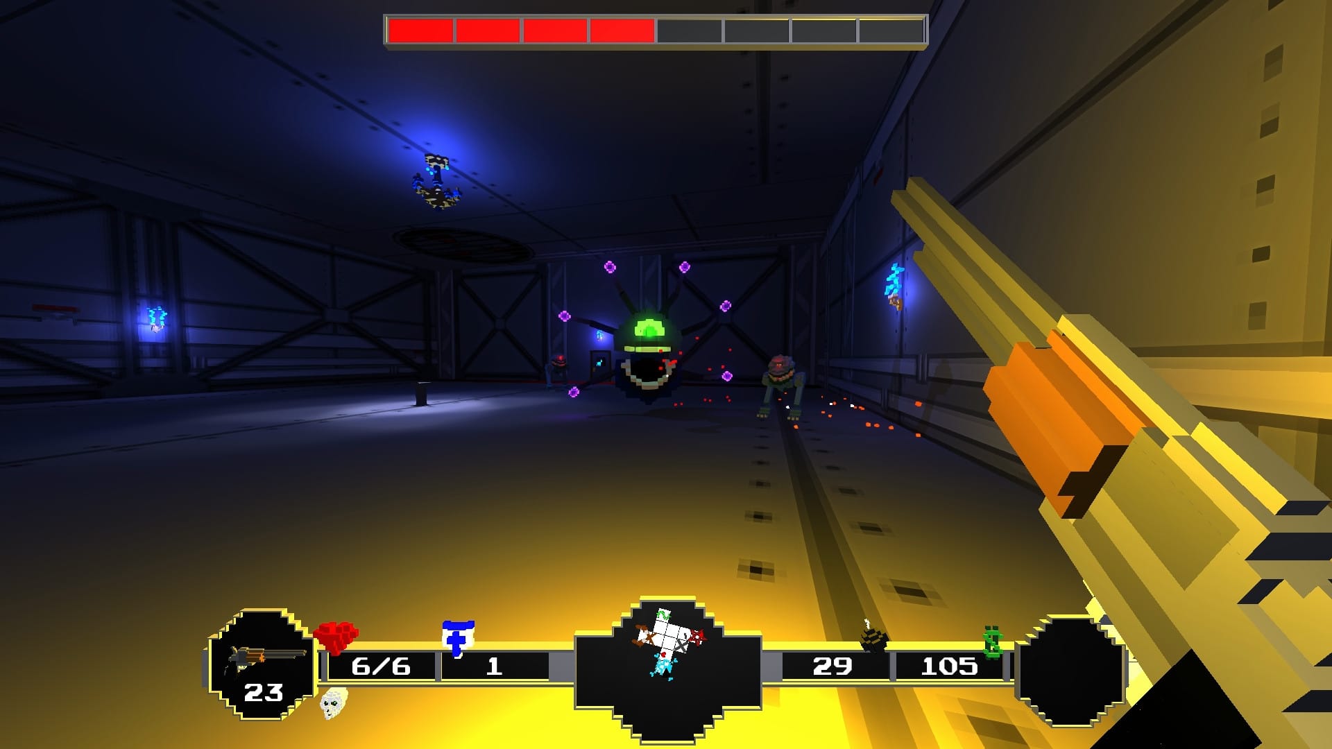 Paranautical Activity screenshot showing a first-person shooter perspective with a blocky art style for the player weapon, level, and user interface.