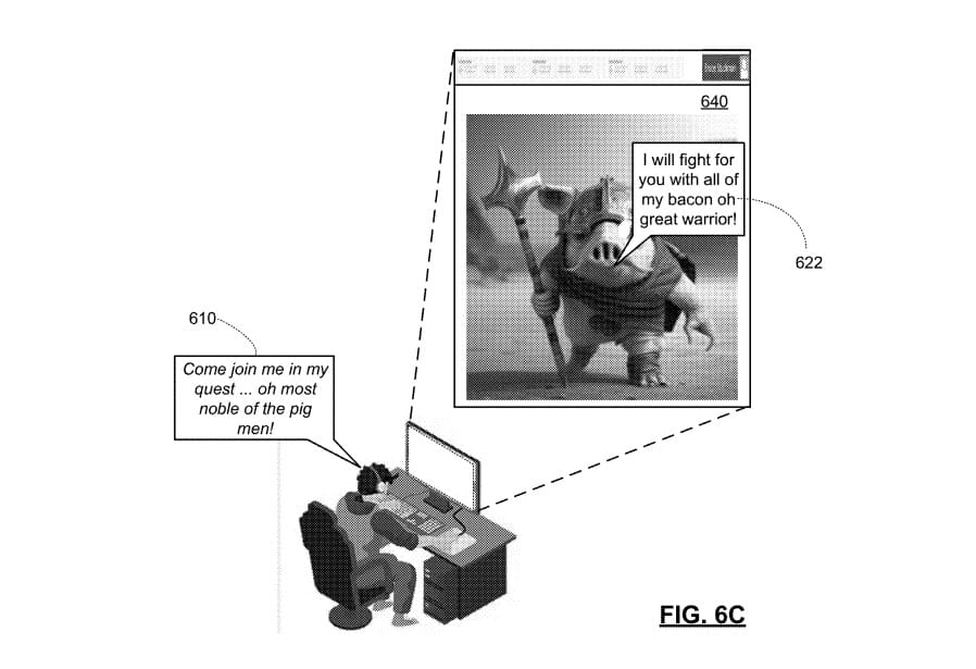 Patent art of a man at a PC saying "Come join me in my quest oh most noble of the pig men!" and the pig responding "I will fight for you with all of my bacon oh great warrior!"