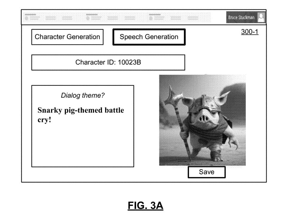 A "Speech Generation" interface prompting the user for "Dialog theme?" The user has replied "Snarky pig-themed battle cry!"