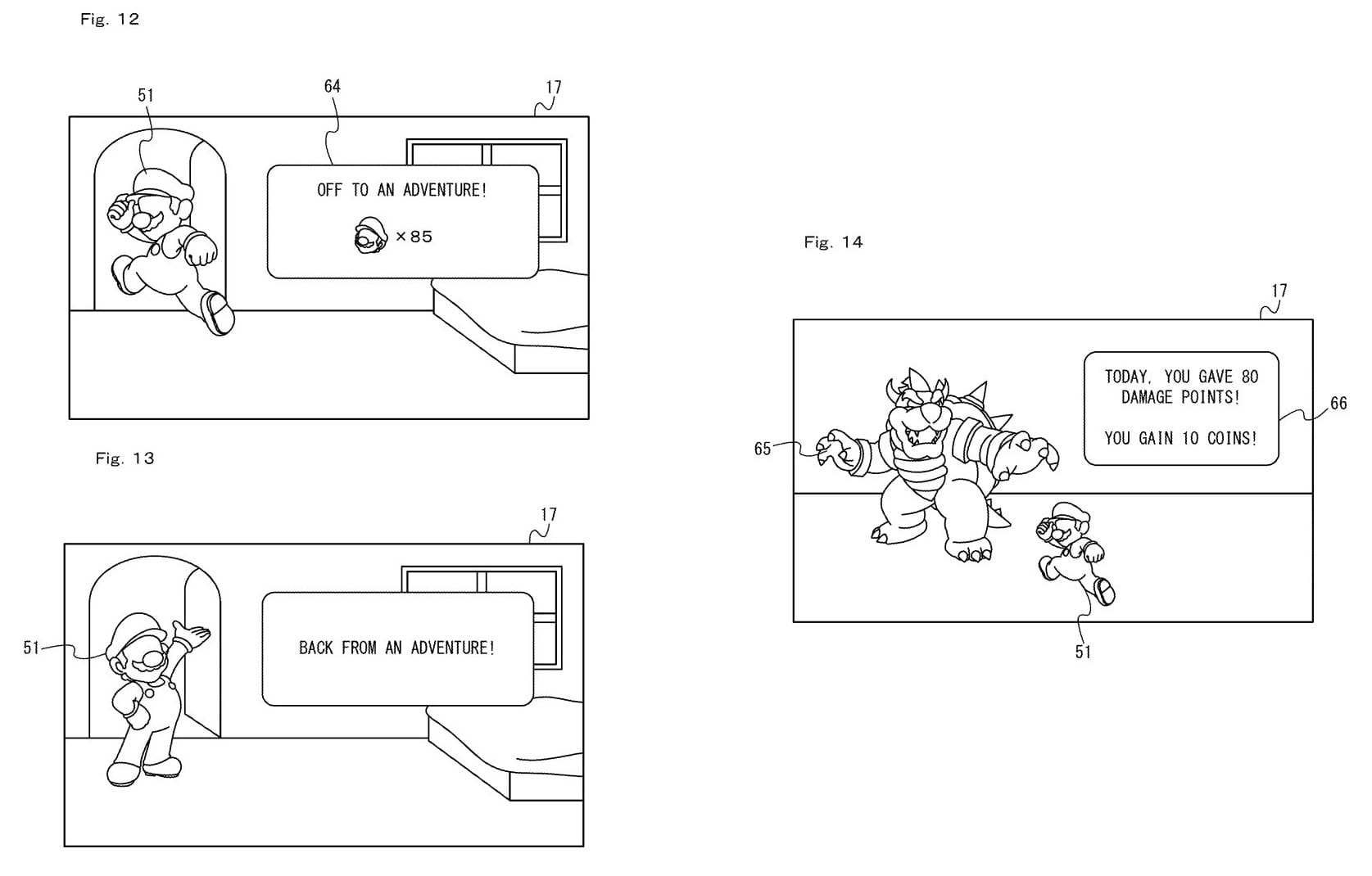 Patent art (US patent 11,571,153) of an eye-less Mario leaving his bedroom with a sign saying "Off to an adventure!" and another image with him returning saying "Back from an adventure!" Next to them is a patent art image of Mario with no eyes facing off against Bowser. A sign says "Today, you gave 80 damage points! You gain 10 coins!"