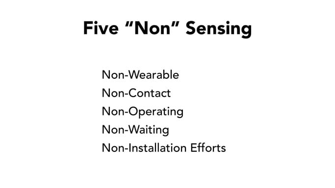 A slide with the header Five "Non" Sensing and five items beneath it in a list: non-wearable, non-contact, non-operating, non-waiting, non-installation efforts