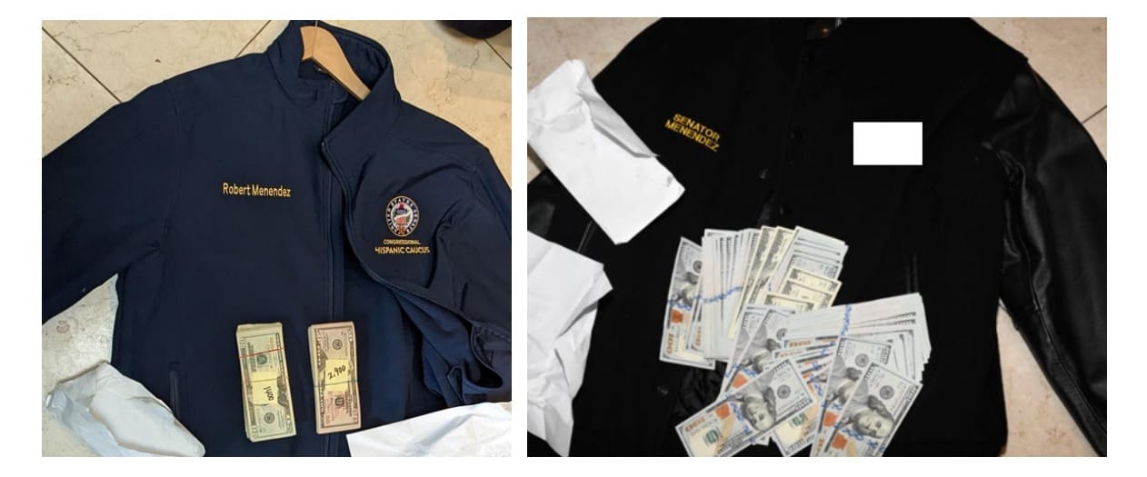 Images from the indictment of Sen. Menendez showing a jacket and hat with his name on them next to envelopes and stacks of money he alleged accepted as bribes.