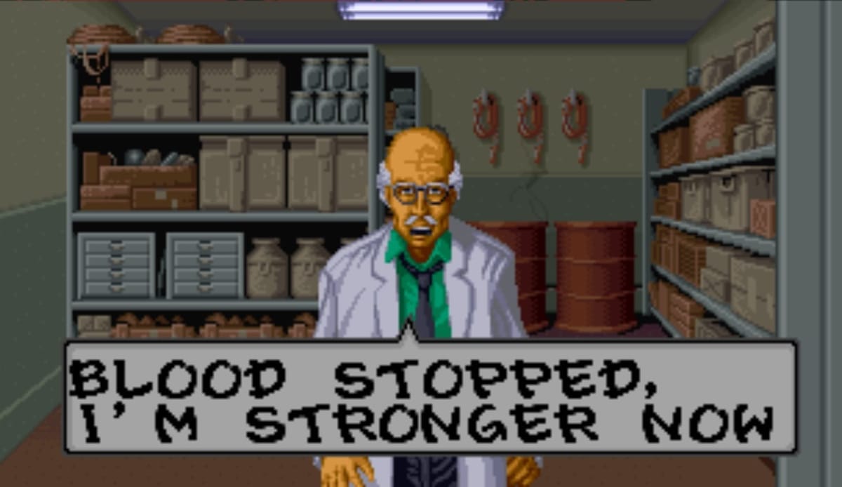 Screenshot from The Super Spy with an old scientist in a storeroom saying "Blood stopped, I'm stronger now"