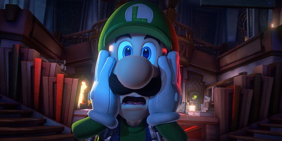 Luigi being shocked and scared in a scene from Luigi's Mansion 3