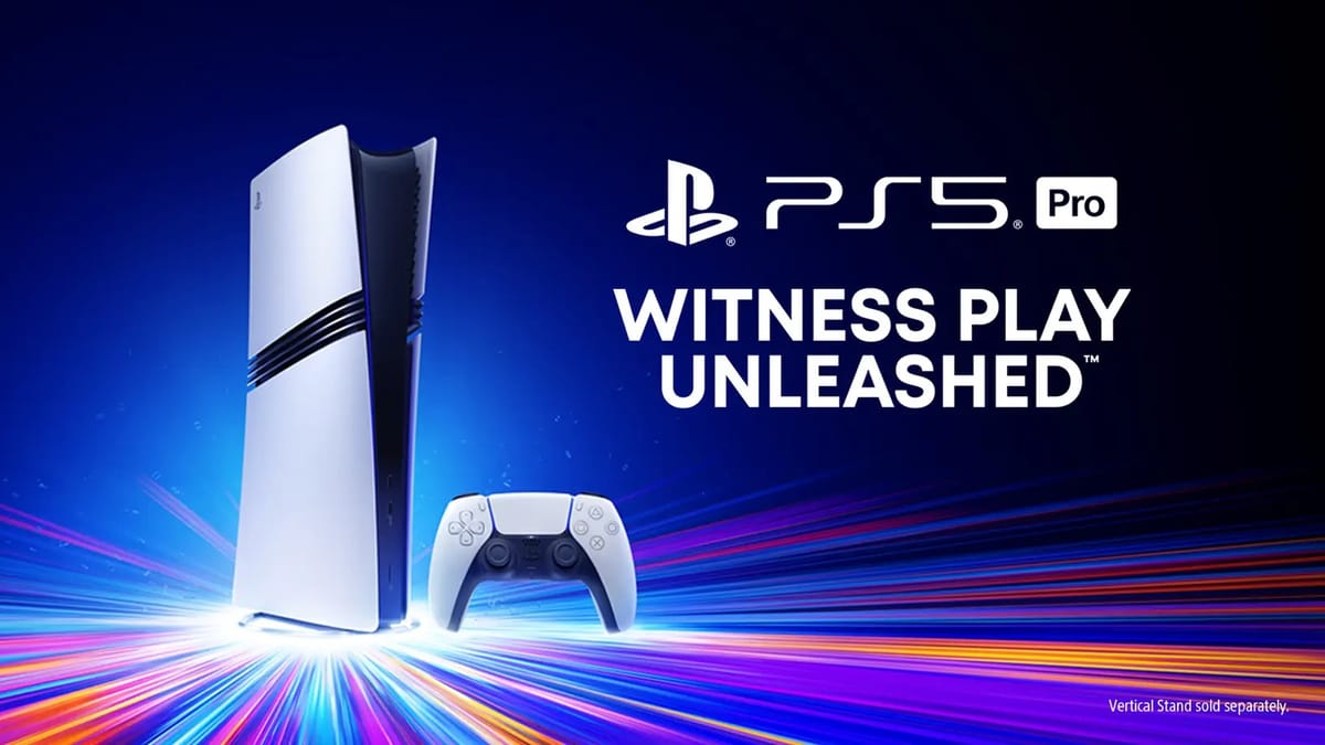 PS5 Pro art showing the console against a fancy multi-colored lighting effect with the tagline "Witness Play Unleashed™"