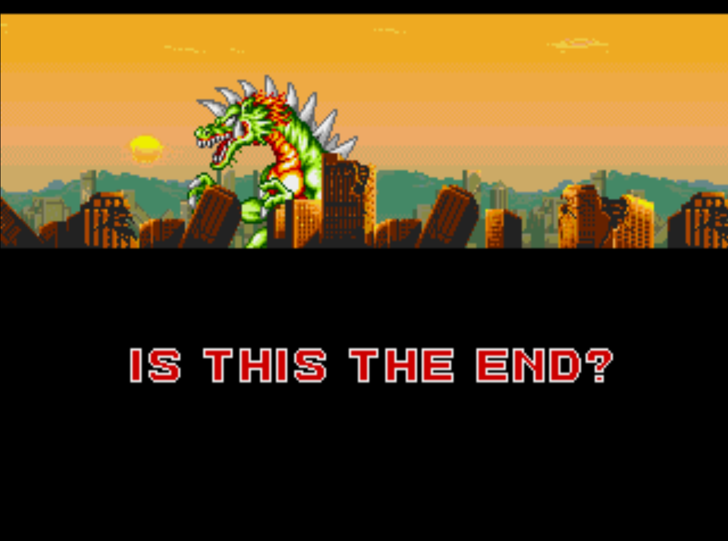 Image of a King of the Monsters 2 ending cutscene asking "Is this the end?" with a kaiju stomping through a ruined city.